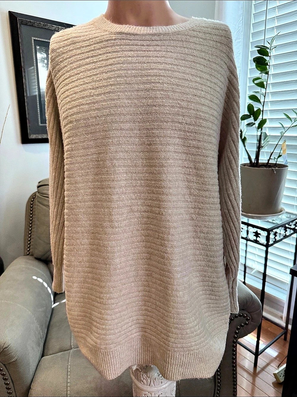 Pink Rose Crewneck Sweater in Beige Size Large NWT